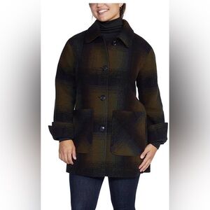 Pendleton Exploding Rainbow Wool Blend Olive & Black Plaid Pea Coat
